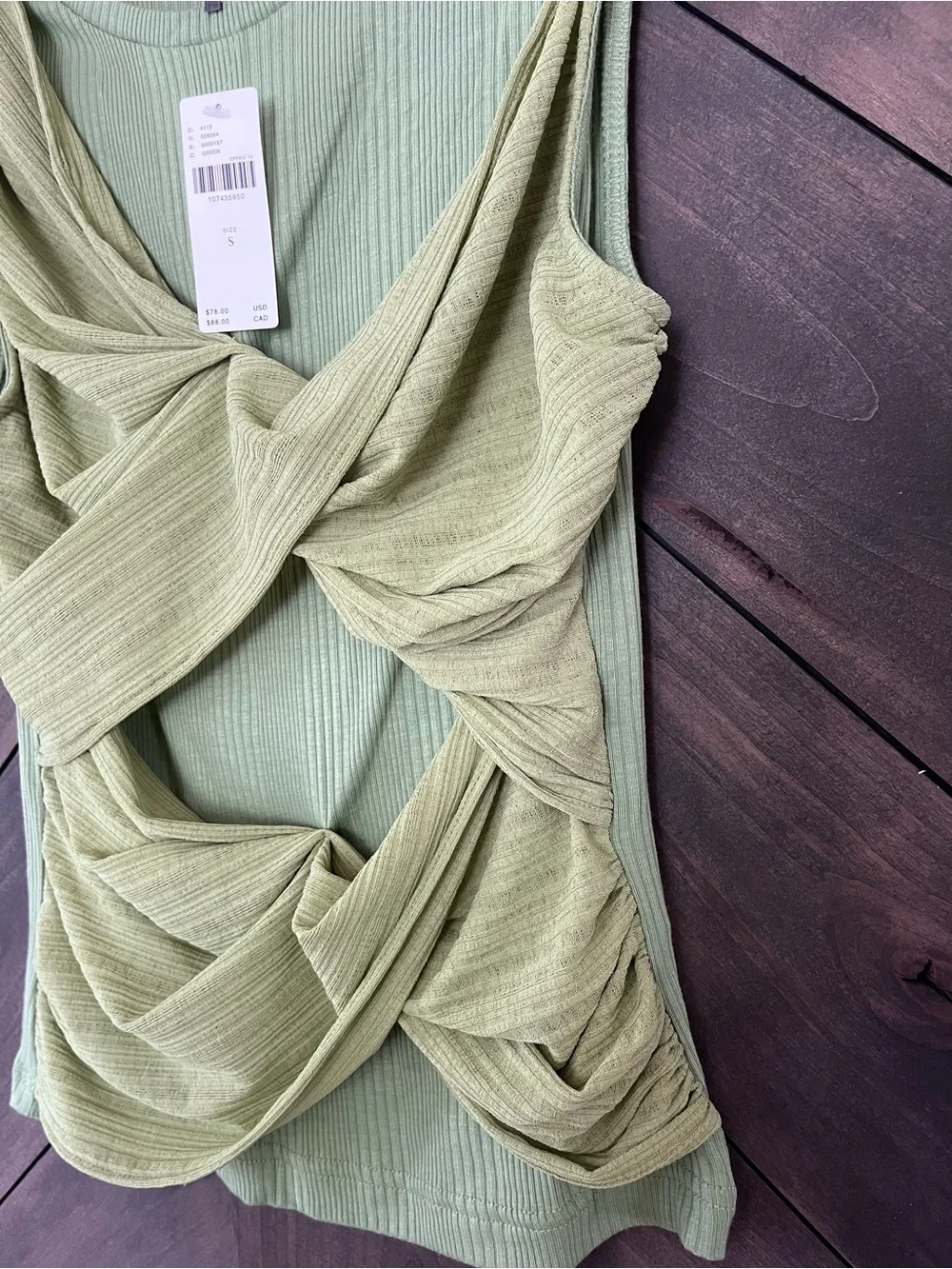 NWT Anthropologie Green Ribbed Knit Twist Front Sleeveless Tank Top Size S